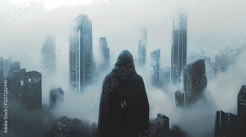 A hooded figure overlooking a dystopian futuristic cityscape, with towering skyscrapers shrouded in fog. Dystopian Noir. Illustration photo