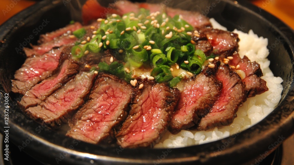 A close-up of tender slices of beef served over a bowl of steaming white rice, topped with a savory sauce and garnished with fresh green onions and sesame seeds A close-up of tender slices of beef served over a bowl of steaming white rice, topped with a savory sauce and garnished with fresh green onions and sesame seeds