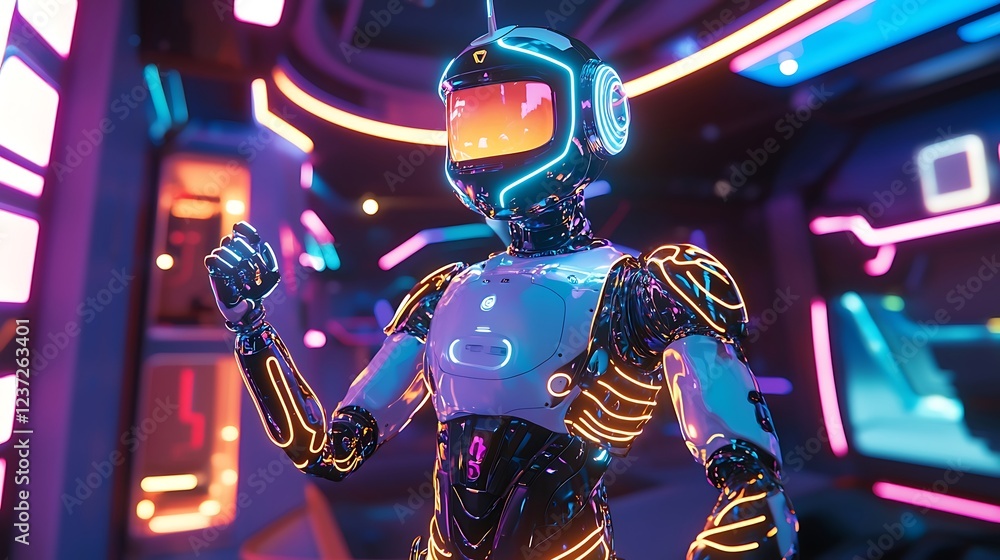 A luminous robotic storyteller animating glowing characters in a vivid, dynamic sci-fi narrative with radiant environments.