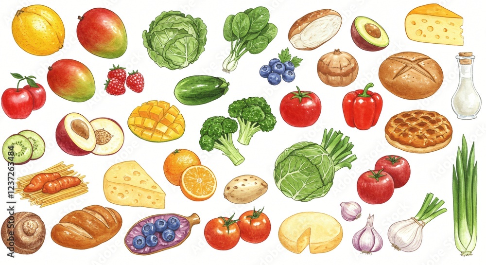 Watercolor-style illustrations of fruits, vegetables, and other food items for menus or cookbooks Watercolor-style illustrations of fruits, vegetables, and other food items for menus or cookbooks