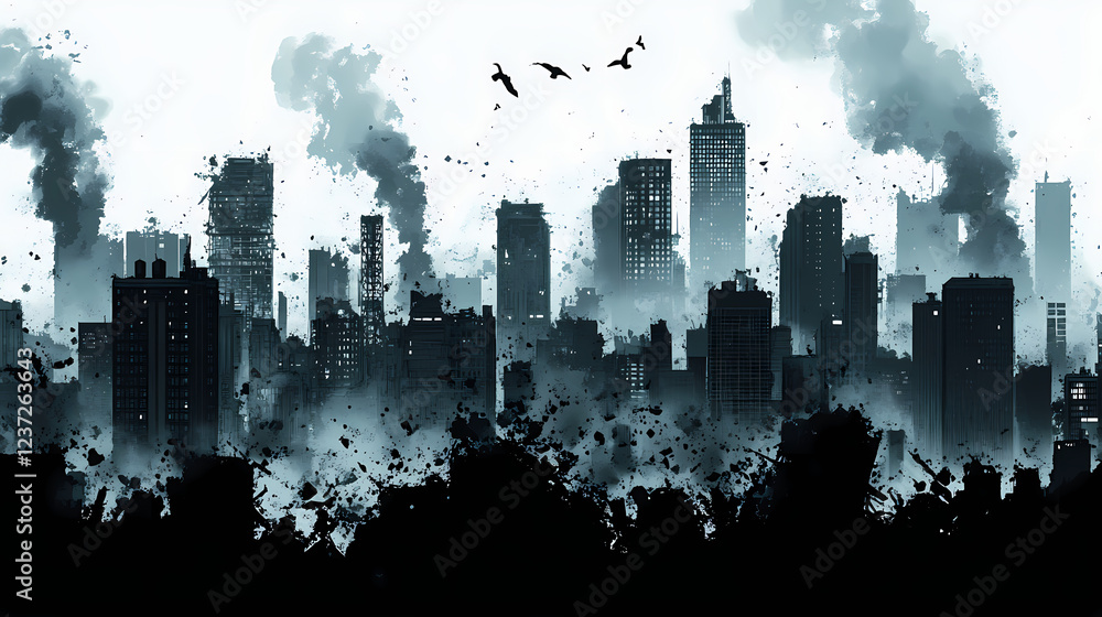 Obraz premium Dystopian cityscape in monochrome skyscrapers crumbling amid chaos smoke billows debris falls silhouettes flee stark contrast heightens drama and urgency. Dystopian Noir. Illustration