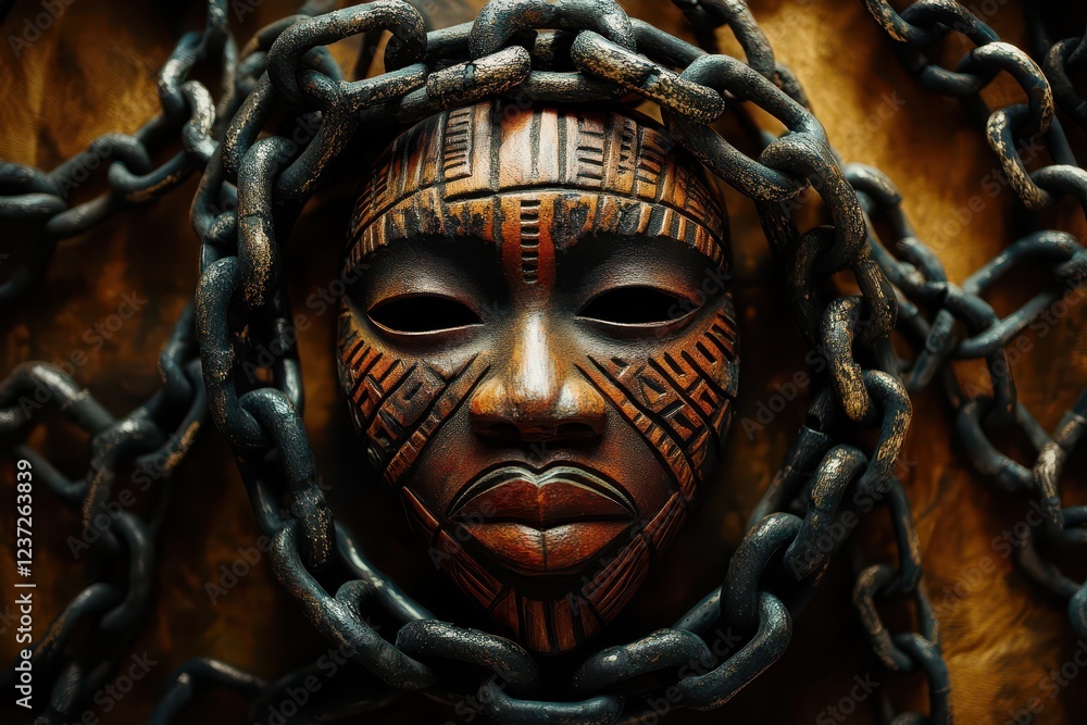 Traditional African Mask Surrounded by Broken Chains, Symbolizing Liberation and Cultural Pride Traditional African Mask Surrounded by Broken Chains, Symbolizing Liberation and Cultural Pride