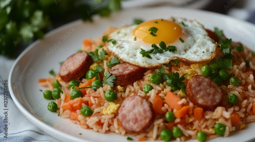 A colorful serving of American fried rice with chunks of sausage, peas, and carrots, garnished with a fried egg and fresh parsley on a white plate A colorful serving of American fried rice with chunks of sausage, peas, and carrots, garnished with a fried egg and fresh parsley on a white plate
