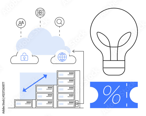 Cloud storage connected to secure server stacks, analyzing growth strategies, and innovation with a light bulb and percentage symbol. Ideal for data management, security, growth analysis, cloud