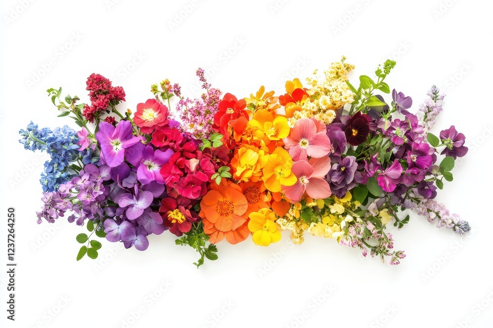 Obraz premium Vibrant Rainbow Bouquet with Flowers Arranged in a Gradient of Colors, from Red to Violet, Displayed Against a White Background