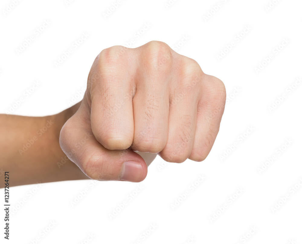 Hand gesture. Man clenched fist, ready to punch, isolated on white, close-up, copy space Hand gesture. Man clenched fist, ready to punch, isolated on white, close-up, copy space