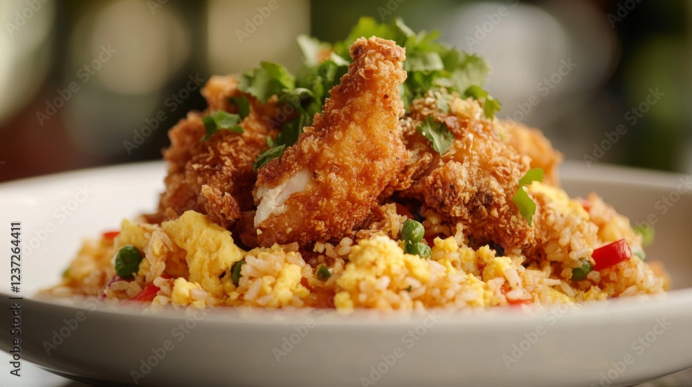 A delicious serving of American fried rice with golden-brown fried chicken, scrambled eggs, and garnished with fresh herbs and vegetables on the side A delicious serving of American fried rice with golden-brown fried chicken, scrambled eggs, and garnished with fresh herbs and vegetables on the side