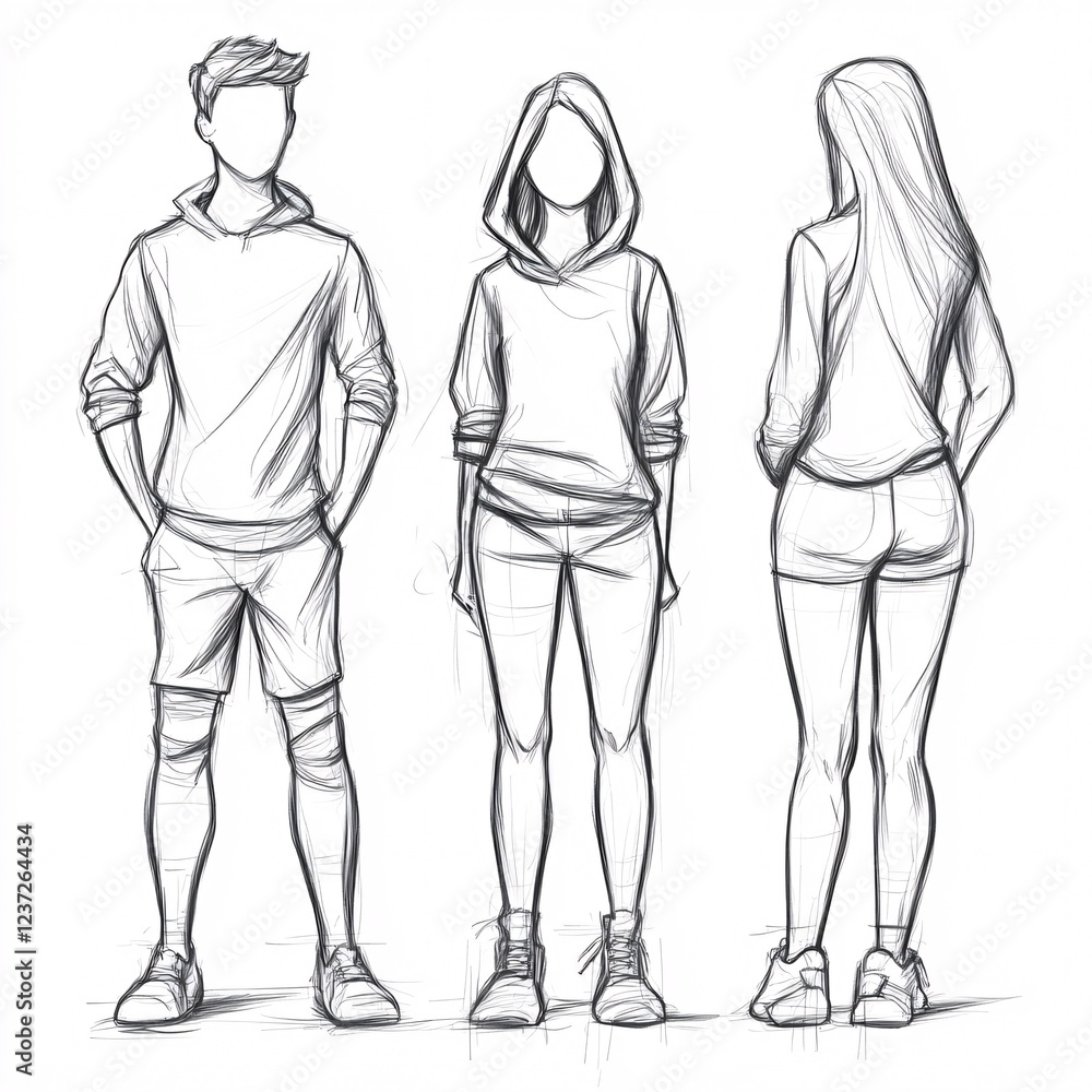 Fashion Sketch of Three Figures in Casual Hoodies and Shorts, Line Art, Faceless Models, Front and Back View, Hand-Drawn Style on White Background Fashion Sketch of Three Figures in Casual Hoodies and Shorts, Line Art, Faceless Models, Front and Back View, Hand-Drawn Style on White Background