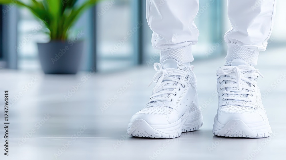 White shoes, healthcare worker, clinic, plant background, medical