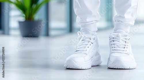 Obraz na płótnie White shoes, healthcare worker, clinic, plant background, medical w salonie