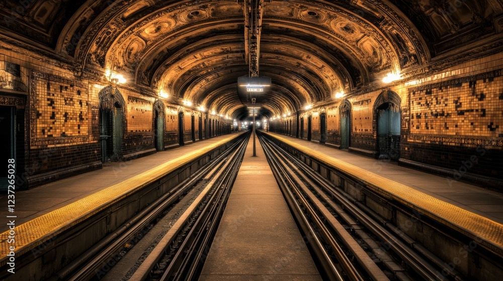 Fototapeta premium A dimly lit subway tunnel with smooth concrete walls and track rails leading into the distance, illuminated by soft lights along the walls, creating a mysterious atmosphere