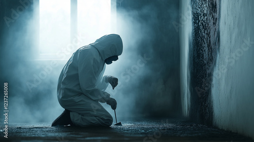 A person kneeling in a foggy, damaged room, dressed in a white hazmat suit, with gloved hands scraping mold from a wall. Their surroundings are eerie, with fog blurring the edges o photo