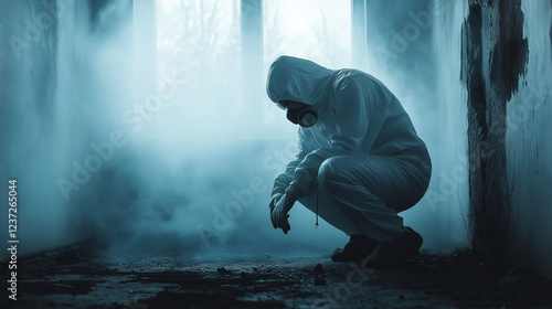 A person kneeling in a foggy, damaged room, dressed in a white hazmat suit, with gloved hands scraping mold from a wall. Their surroundings are eerie, with fog blurring the edges o photo