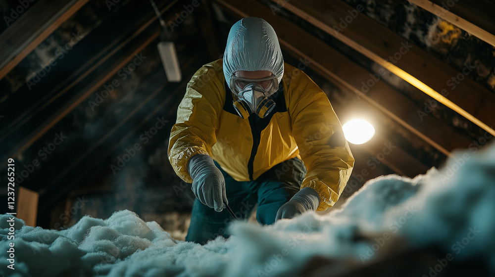 A worker in a foggy attic, wearing full protective gear and carefully removing moldy insulation. A soft glow from an overhead lamp highlights floating particles in the dense air. A worker in a foggy attic, wearing full protective gear and carefully removing moldy insulation. A soft glow from an overhead lamp highlights floating particles in the dense air.