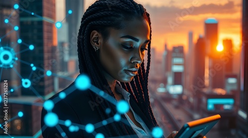 Woman in High-Tech Background with Holograms AI and Modern Business