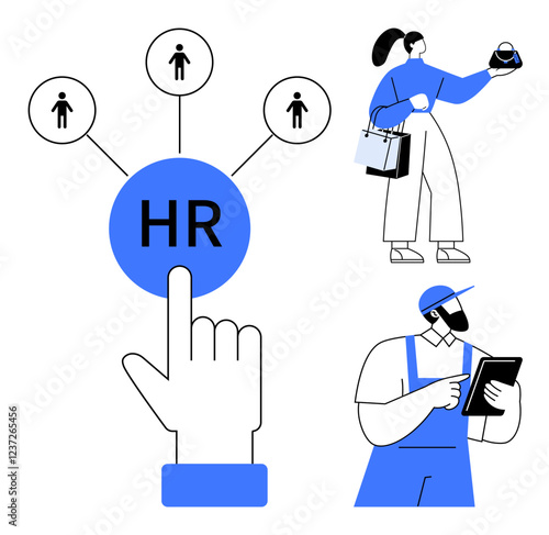 Hand clicking HR button connected to three persons, woman juggling multiple roles, man with clipboard. Ideal for HR, recruitment, workforce, productivity, tasks, teamwork organization charts