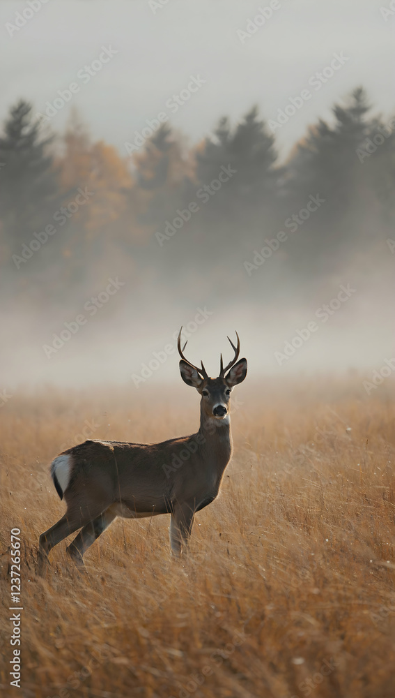 Fototapeta premium Majestic deer in golden grass with misty forest background Vertical Mobile Wallpaper