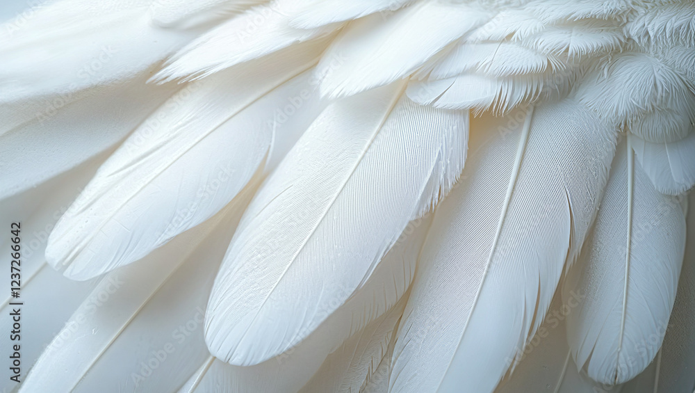 Naklejka premium Close-up of Angels Wings, White Feathers Banner Background with Copy Space .Creative Concept for Peace, Calm and Spirituality. Signifying Religion, Hope and Calm.