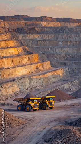 Open pit mining site with large yellow dump trucks under golden sunlight Vertical Mobile Wallpaper