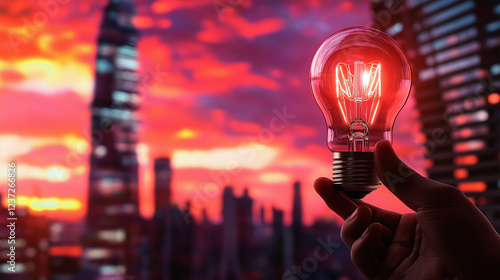 A hand holding a radiant light bulb against a vibrant city skyline at sunset, with the warm glow of the bulb mirroring the orange and pink hues of the sky, symbolizing innovation s photo