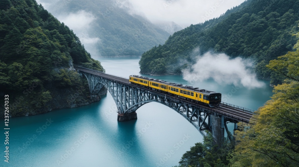 Fototapeta premium A high-speed train crossing a steel bridge over a river, with smooth motion captured as the train races past the water below