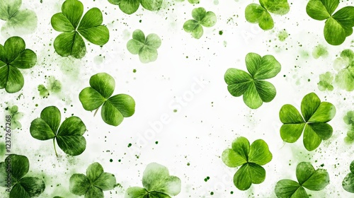 A seamless watercolor shamrock pattern on a white background. Ideal for festive decorations, St. Patrick's Day, and Irish-themed designs.