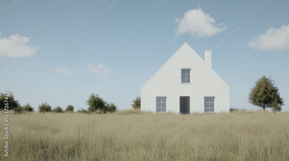 Modern white house in grassy field, clear sky. Architecture design Modern white house in grassy field, clear sky. Architecture design