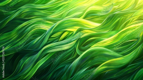 An abstract background with dynamic lines and shapes is created by a close-up of vivid green grass blades that are blowing in the wind. Each blade's roughness and features are emphasized by the sunshi photo