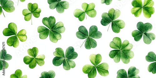 A seamless watercolor shamrock pattern on a white background. Ideal for festive decorations, St. Patrick's Day, and Irish-themed designs.