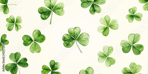 A seamless watercolor shamrock pattern on a white background. Ideal for festive decorations, St. Patrick's Day, and Irish-themed designs.