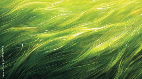 An abstract background with dynamic lines and shapes is created by a close-up of vivid green grass blades that are blowing in the wind. Each blade's roughness and features are emphasized by the sunshi photo