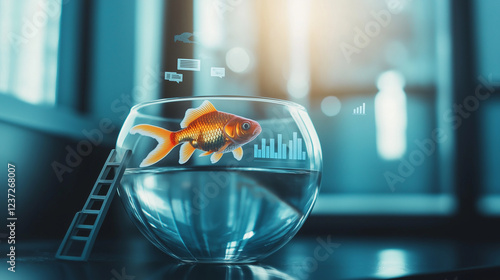 A goldfish bowl on a sunny windowsill, with a tiny ladder leaning against the bowl and miniature business icons floating inside, symbolizing growth and opportunity. photo