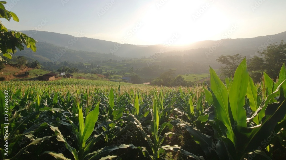 A panoramic view of a cornfield on a clear day, with the sun shining brightly over the lush green plants, creating a serene and vibrant agricultural landscape A panoramic view of a cornfield on a clear day, with the sun shining brightly over the lush green plants, creating a serene and vibrant agricultural landscape