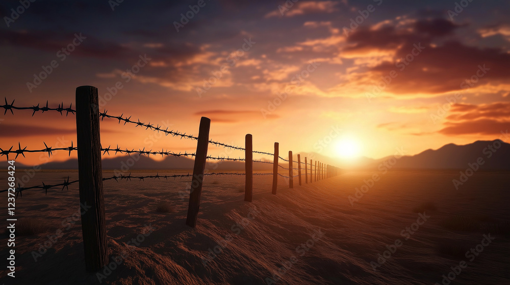 custom made wallpaper toronto digitalA barbed wire fence stretching across a barren desert landscape, with a dramatic sunset casting long shadows and emphasizing the divide between two nations.