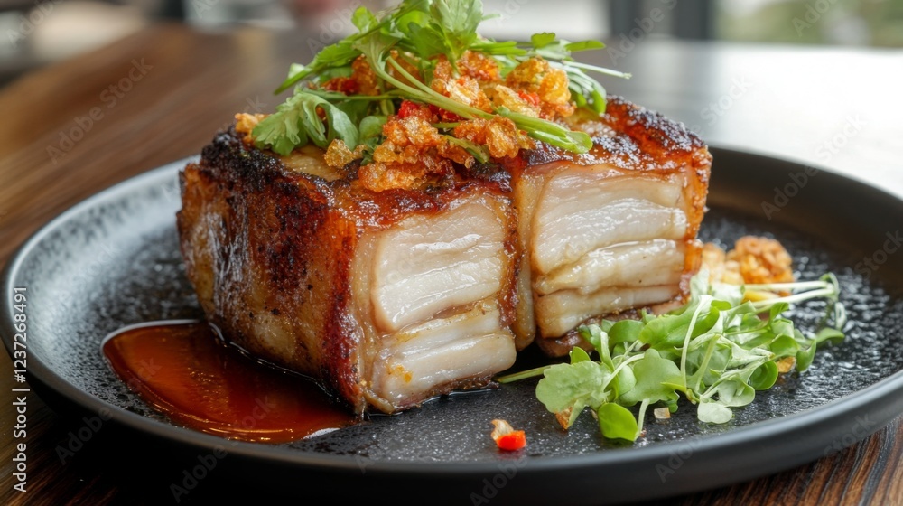 A perfectly fried pork belly with a crispy texture and golden color, served with a drizzle of fish sauce on top, placed on a black plate with a minimalist background A perfectly fried pork belly with a crispy texture and golden color, served with a drizzle of fish sauce on top, placed on a black plate with a minimalist background
