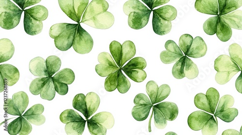 A seamless watercolor shamrock pattern on a white background. Ideal for festive decorations, St. Patrick's Day, and Irish-themed designs.