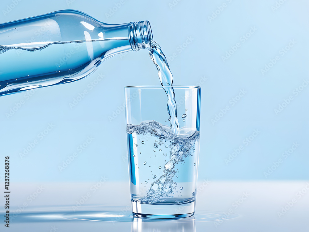 Clear water pouring from a bottle into a glass, capturing the refreshing and hydrating essence of pure liquid. Clear water pouring from a bottle into a glass, capturing the refreshing and hydrating essence of pure liquid.