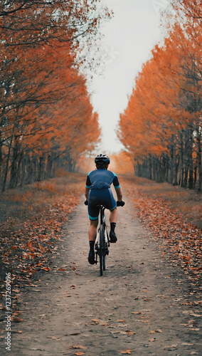 A cyclist rides through a path lined with vibrant orange trees Vertical Mobile Wallpaper