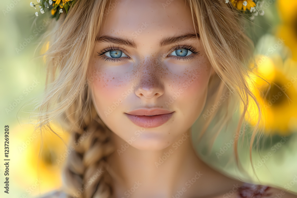 A stunning portrait of a model with long blond hair and beautiful lips, showcasing beauty and fashion in nature.