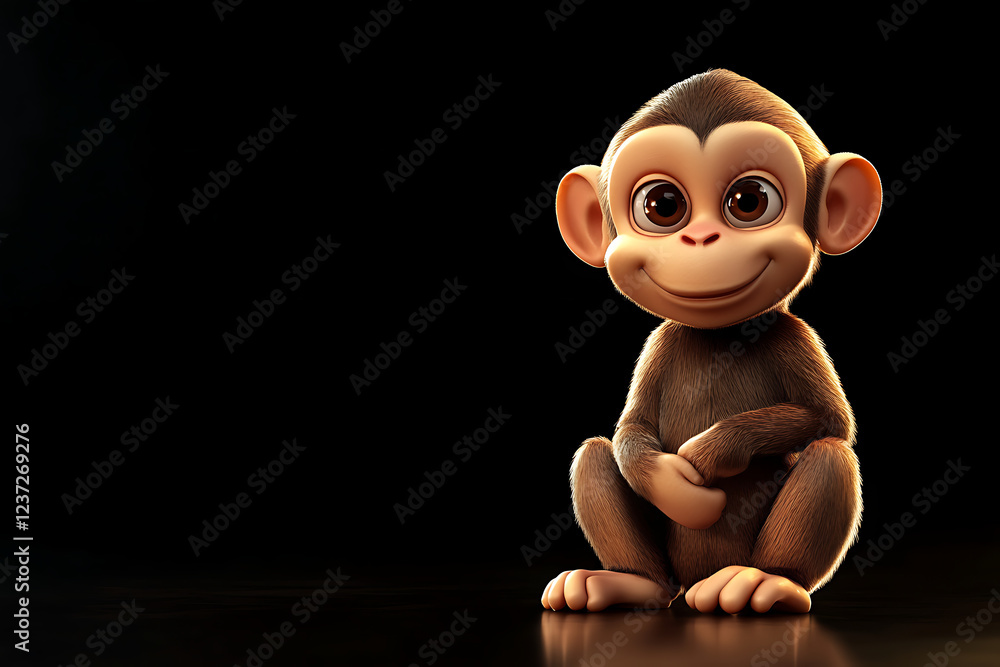 Naklejka premium monkey on a black background, monkey on a blank black background, a monkey, monkey, cute monkey, black background, copy space for add text, 3d rendering, 3d, vector, AI generative