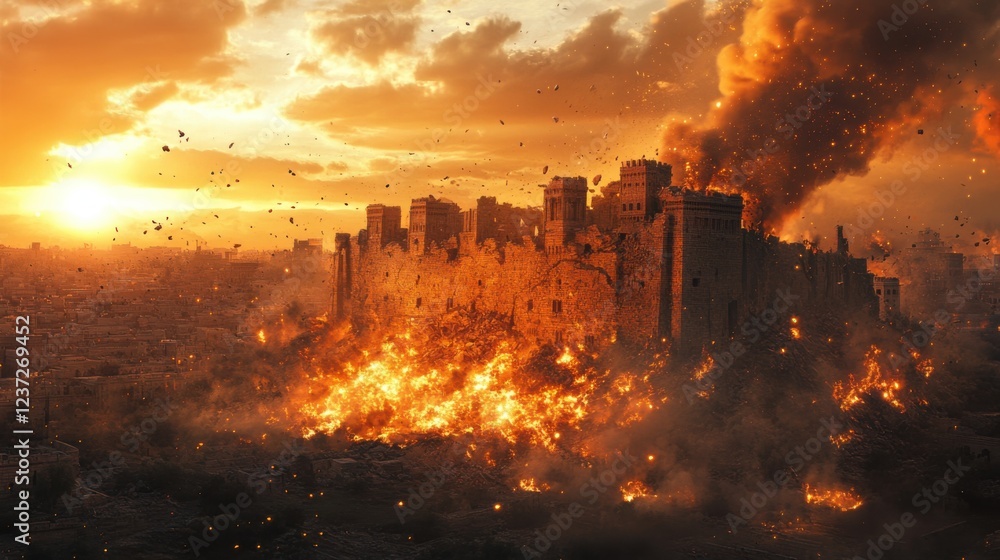 Fototapeta premium Ancient fortress ablaze during dramatic sunset with smoke and debris filling the sky