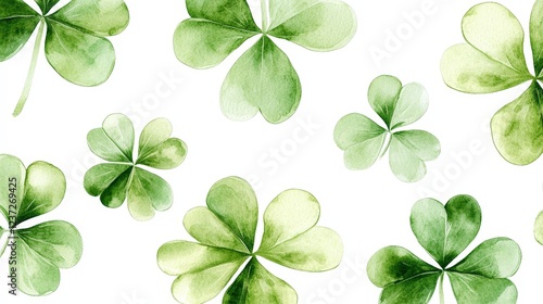 A seamless watercolor shamrock pattern on a white background. Ideal for festive decorations, St. Patrick's Day, and Irish-themed designs.