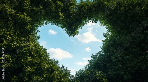 Trees in the shape of a heart, with the sky visible through them photo