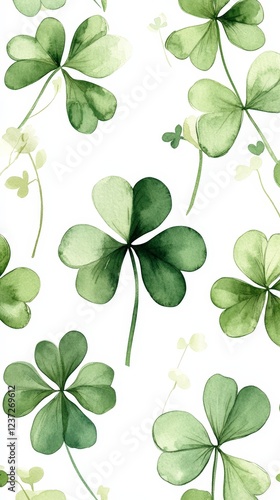A seamless watercolor shamrock pattern on a white background. Ideal for festive decorations, St. Patrick's Day, and Irish-themed designs.
