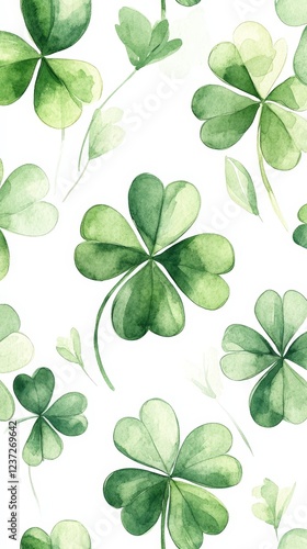 A seamless watercolor shamrock pattern on a white background. Ideal for festive decorations, St. Patrick's Day, and Irish-themed designs.