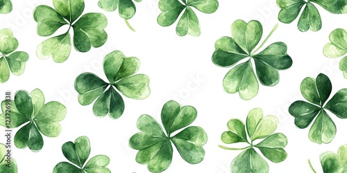 A seamless watercolor shamrock pattern on a white background. Ideal for festive decorations, St. Patrick's Day, and Irish-themed designs.