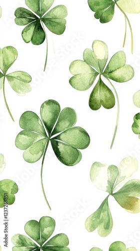 A seamless watercolor shamrock pattern on a white background. Ideal for festive decorations, St. Patrick's Day, and Irish-themed designs.