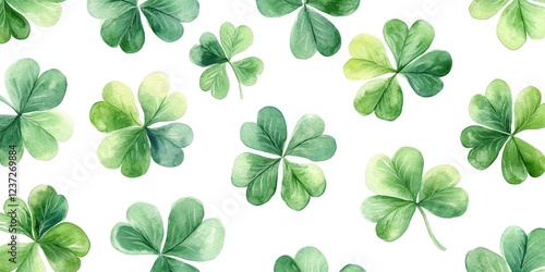 A seamless watercolor shamrock pattern on a white background. Ideal for festive decorations, St. Patrick's Day, and Irish-themed designs.