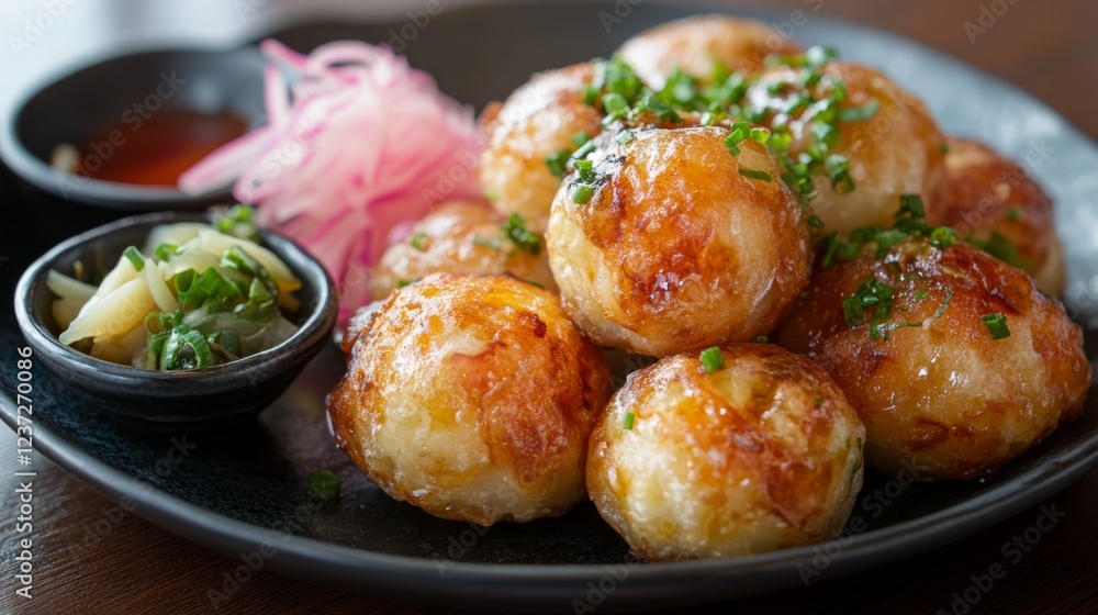 A platter of takoyaki balls with a golden-brown crust, served on a dark plate with a side of pickled ginger and dipping sauce A platter of takoyaki balls with a golden-brown crust, served on a dark plate with a side of pickled ginger and dipping sauce