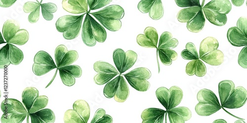 A seamless watercolor shamrock pattern on a white background. Ideal for festive decorations, St. Patrick's Day, and Irish-themed designs.